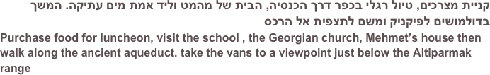 קניית מצרכים, טיול רגלי בכפר דרך הכנסיה, הבית של מהמט וליד אמת מים עתיקה. המשך בדולמושים לפיקניק ומשם לתצפית אל הרכס
Purchase food for luncheon, visit the school , the Georgian church, Mehmet’s house then walk along the ancient aqueduct. take the vans to a viewpoint just below the Altiparmak range